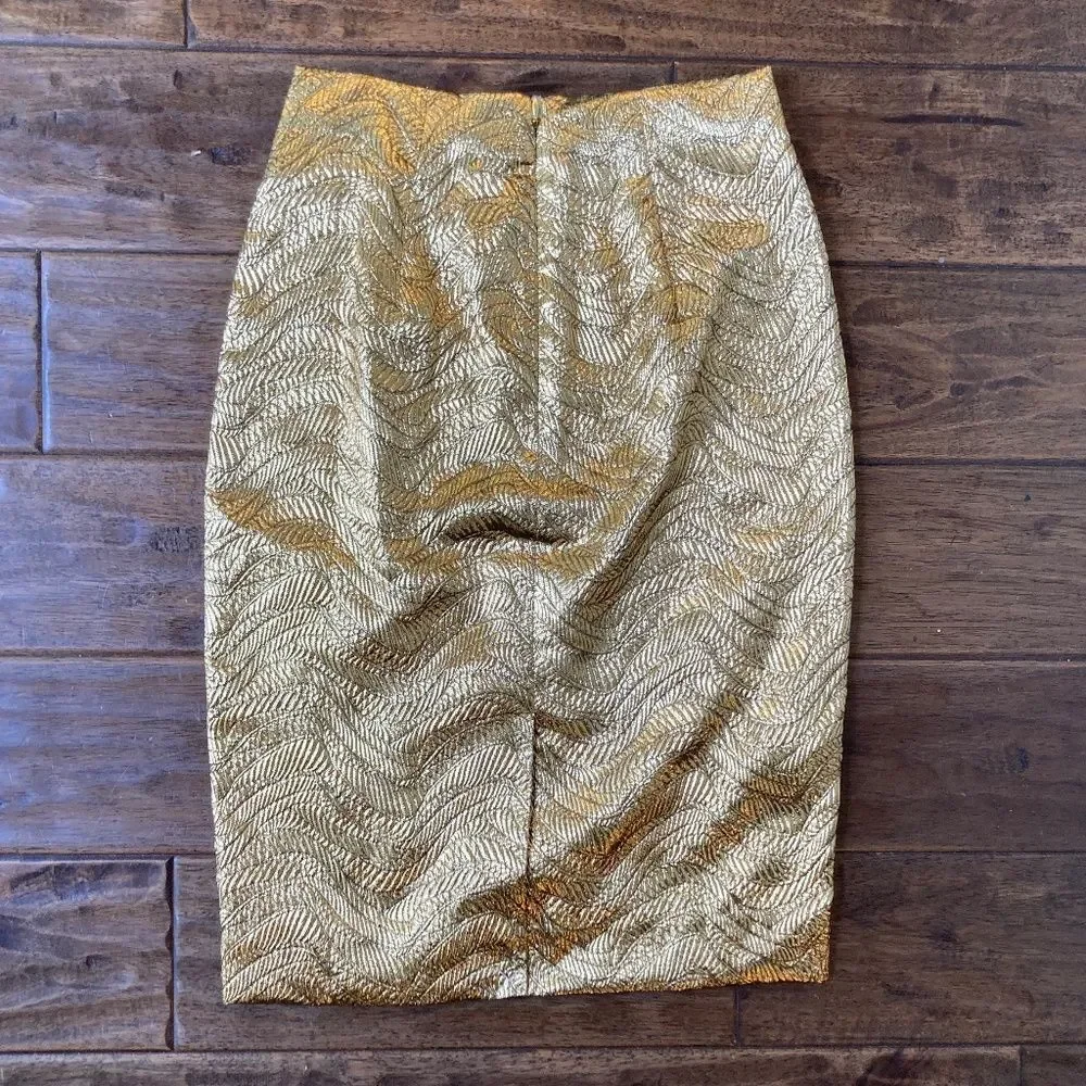 J.Crew Collection 2 Petite Raised Gold Metallic Leaf Print Jacquard Pencil Skirt